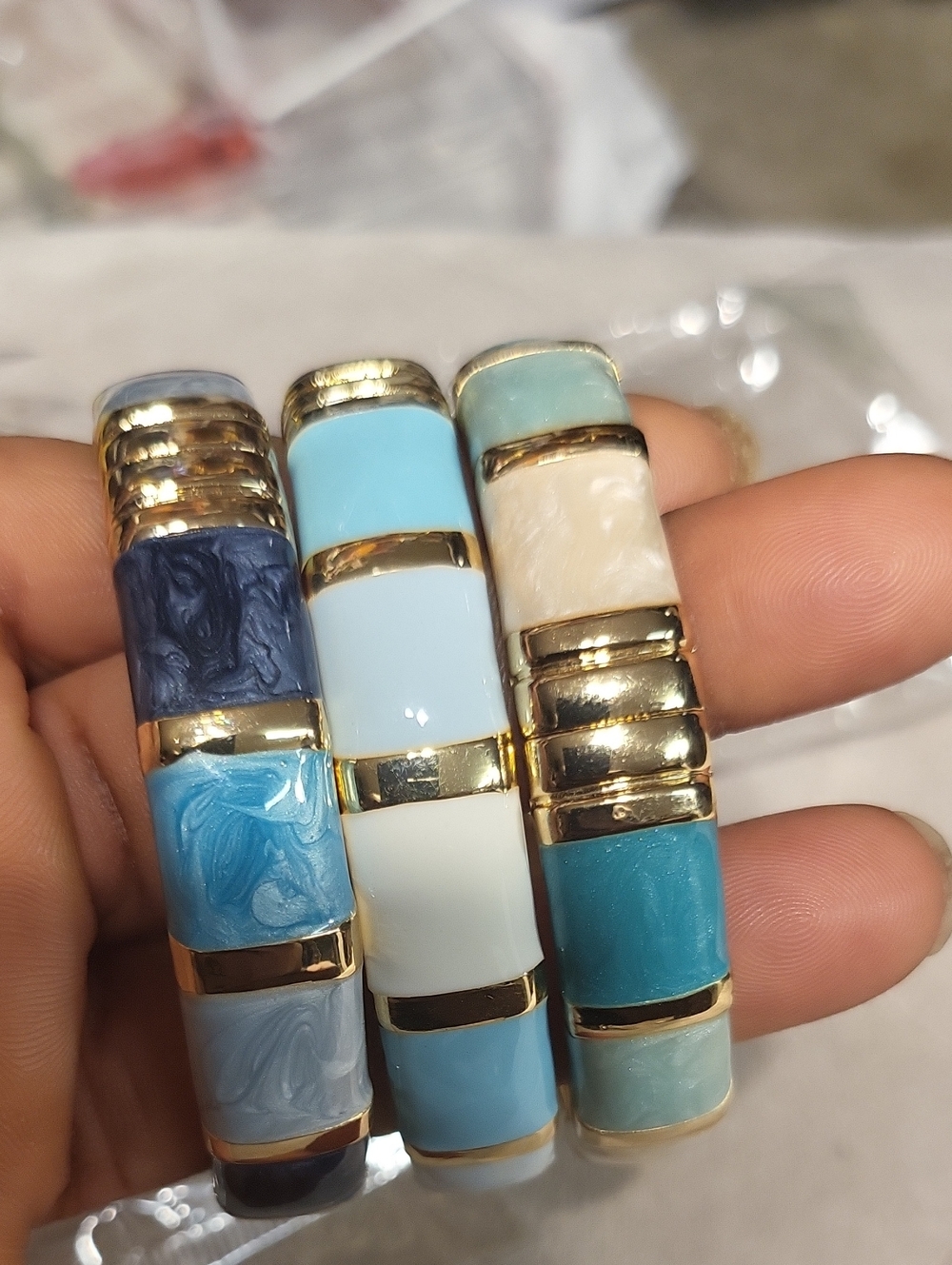 3 Stylish Blue Tone Enamel Bangle Bracelet - 18k Gold Plated Accent